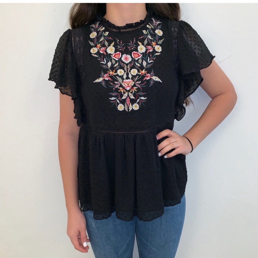 Zara Fancy Embroidered Floral Boho Peasant Blouse Ruffles Swiss Dot Sz L